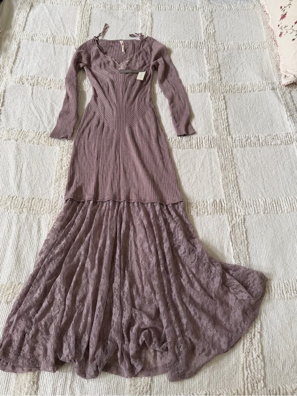 Anthropologie Dusty Mauve Ribbed Knit & Lace Maxi Dress